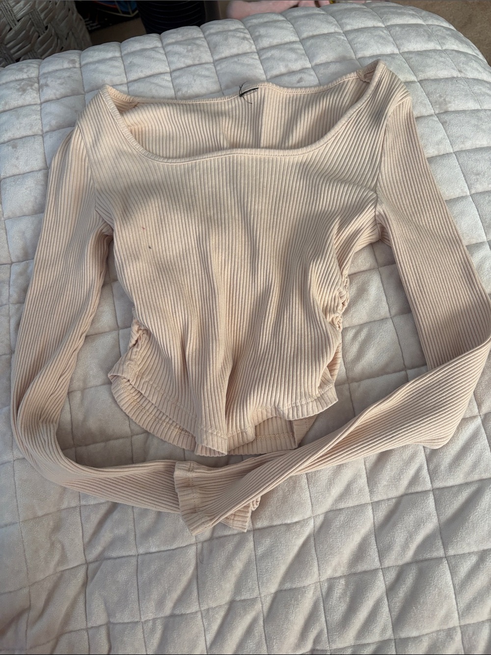 Ribbed Square-Neck Long-Sleeve Top in Light Beige